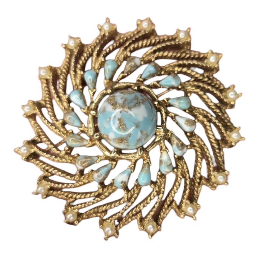 Vintage Luxury Sarah Coventry Brooch Mid Century Faux Turquoise & Pearl Swirl Pi